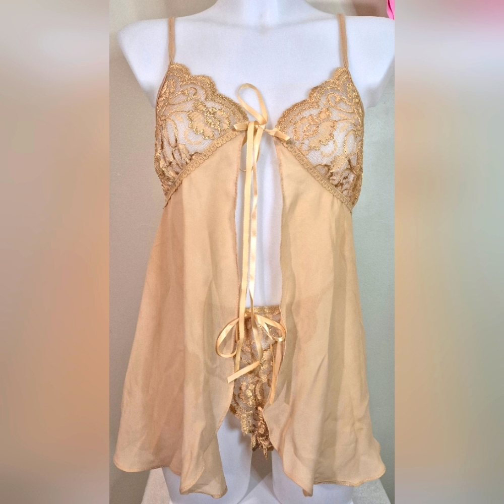 NWT VINTAGE Lingerie Babydoll Nightie New Old Stock Gold Sheer Lace 2 PC Sexy